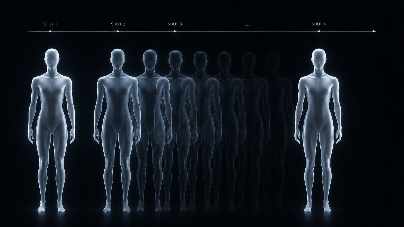 Illustrative sequence of the same glowing figure repeated across a shot timeline from Shot 1 to Shot N, representing one character kept consistent across many scenes.